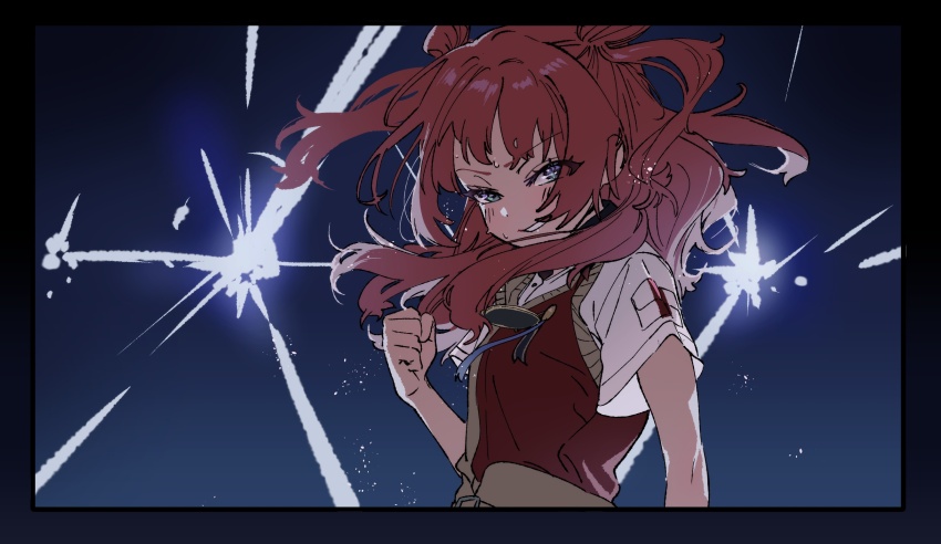 1girl bad_source black_border blue_background blue_eyes blue_ribbon border brown_sweater_vest clenched_hand commentary_request dorontabi double_bun floating_hair gakuen_idolmaster grin hair_bun hajime_(idolmaster) hanami_saki hand_up highres idol_clothes idolmaster light_particles lightning lightning_background long_hair looking_at_viewer red_hair red_sweater_vest ribbon shirt short_sleeves side_up_bun smile solo sweat sweater_vest two-tone_sweater_vest two_side_up upper_body v-shaped_eyebrows white_shirt