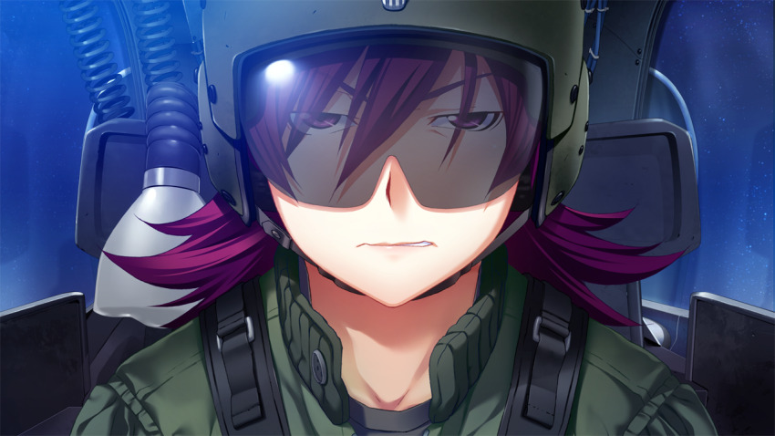 1girl biting_own_lip cockpit flight_suit fumio_(ura_fmo) game_cg green_helmet green_jumpsuit grisaia_(series) grisaia_no_rakuen hair_between_eyes helmet jumpsuit large_variant_set looking_at_viewer medium_hair milliela_stanfield night non-web_source official_art pilot_helmet portrait purple_eyes purple_hair solo star_(sky) v-shaped_eyebrows variant_set