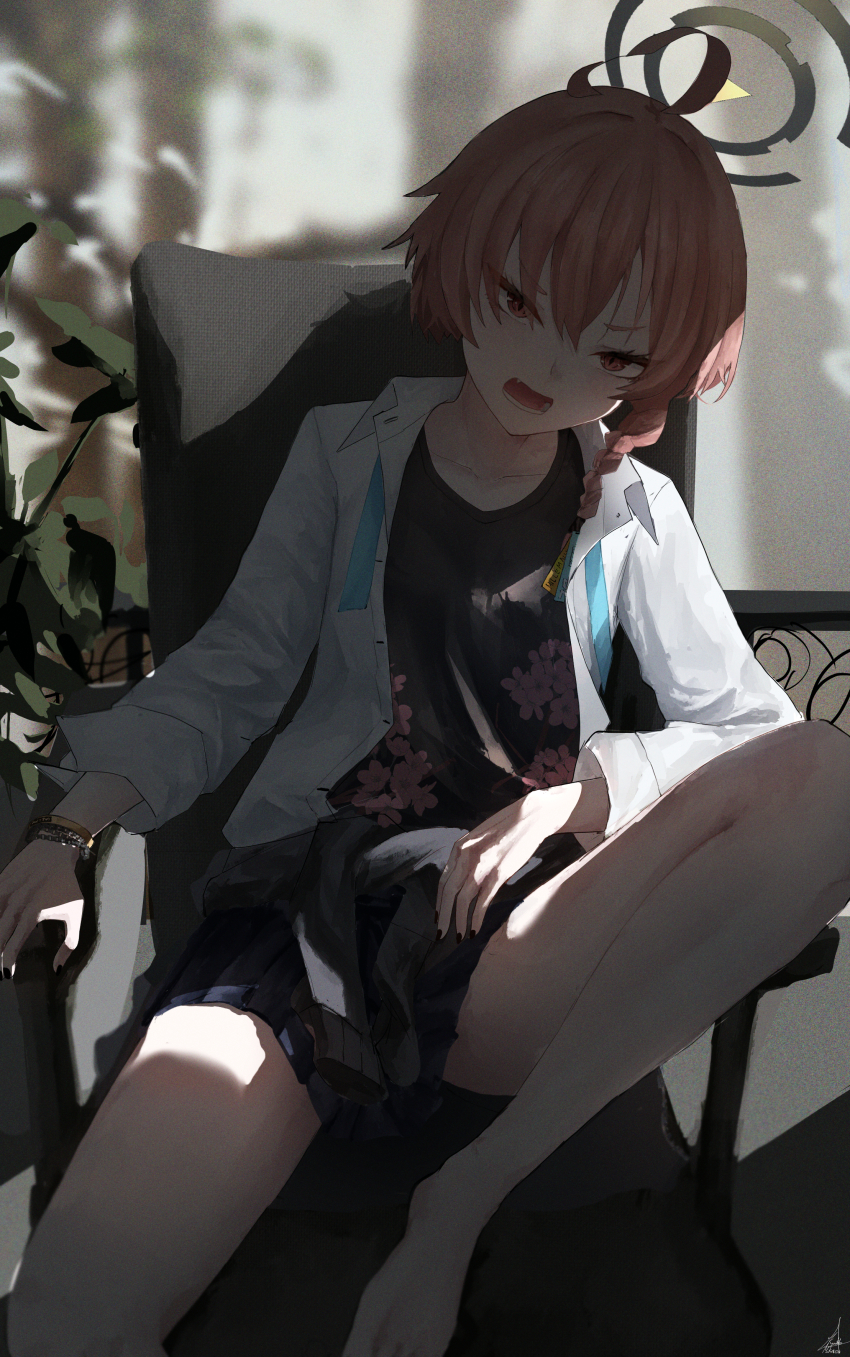 1girl absurdres barefoot black_nails black_shirt blue_archive blue_ribbon blue_skirt bracelet braid fang feet_on_chair floral_print hair_over_shoulder highres jewelry kyatto-mikazu long_hair looking_at_viewer multiple_bracelets neru_(blue_archive) neru_(school_uniform)_(blue_archive) official_alternate_costume on_chair open_mouth red_eyes red_hair ribbon shirt sidelocks single_braid sitting skirt white_shirt