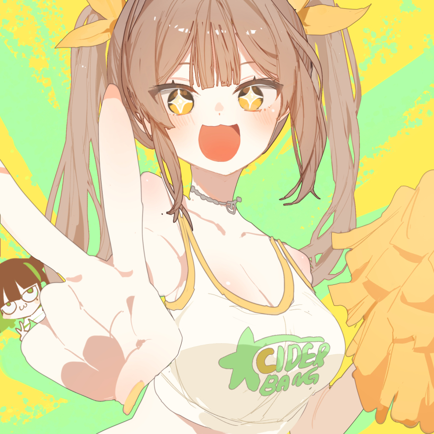 +_+ 1girl :3 artist_request breasts brown_hair cheerleader cleavage colorful highres jewelry midriff necklace off_shoulder open_mouth pom_pom_(cheerleading) sleeveless smile v victory_(waktaverse) waktaverse yellow_eyes yellow_nails