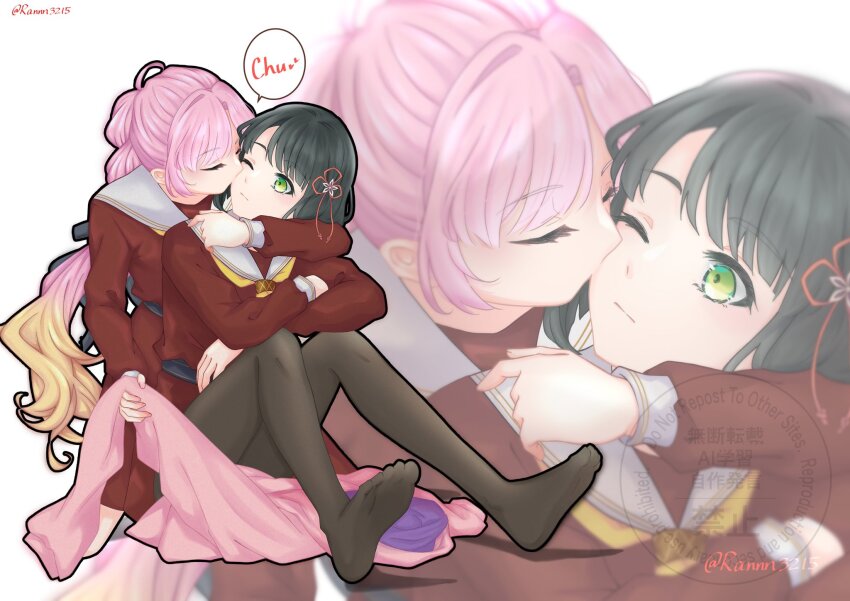 2girls ;| ahoge anyoji_hime black_hair black_pantyhose black_ribbon blonde_hair blunt_bangs blunt_ends bob_cut brown_dress closed_eyes commentary_request crossed_arms dress feet flower flower_knot gradient_hair green_eyes hair_flower hair_intakes hair_ornament hair_ribbon hasu_no_sora_school_uniform highres hood hooded_jacket jacket kiss kissing_cheek knees_up link!_like!_love_live! long_hair long_sleeves looking_at_another love_live! momose_ginko multi-tied_hair multicolored_hair multiple_girls neckerchief no_shoes one_eye_closed pantyhose pink_hair pink_jacket pleated_dress ponytail ranmaro ribbon sailor_collar sailor_dress school_uniform short_hair sidelocks sitting sitting_between_lap speech_bubble swept_bangs toes twitter_username u_u unworn_jacket very_long_hair virtual_youtuber watermark white_background white_sailor_collar winter_uniform yellow_neckerchief yuri zoom_layer