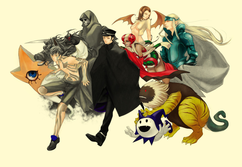 2girls 3boys atlus black_hair blue_eyes cape cat chimera chimera_(creature) decarabia demi-fiend devil_summoner inugami inugami_(megami_tensei) jack_frost_(megami_tensei) jun_(ash) kikuri-hime kuzunoha_raidou lilim_(megami_tensei) multiple_boys multiple_girls nue_(creature) nue_(megami_tensei) pale_rider shin_megami_tensei shin_megami_tensei_iii:_nocturne tam_lin tam_lin_(megami_tensei)