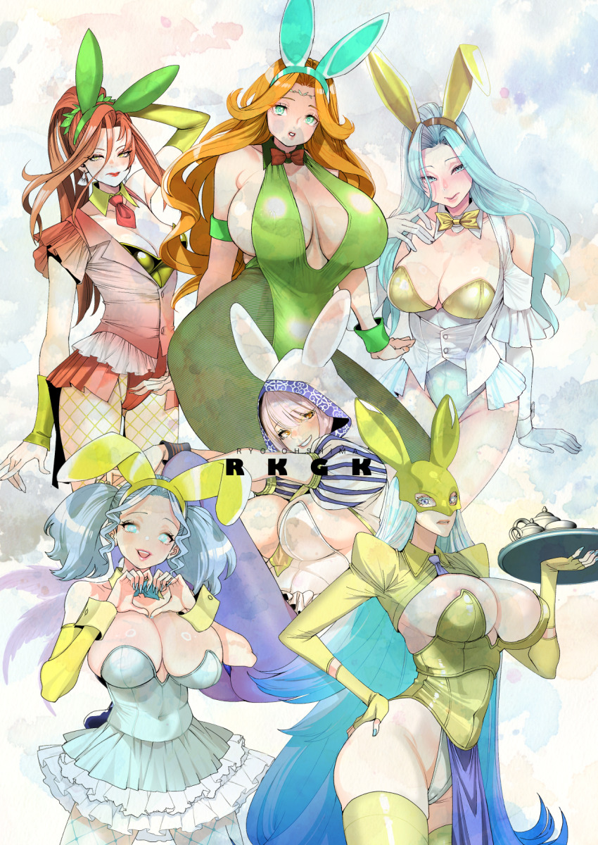 6+girls adapted_costume animal_ears aqua_hair areola_slip azeyma bow bowtie breasts brown_hair cameltoe cleavage covered_erect_nipples detached_collar fake_animal_ears final_fantasy final_fantasy_xiv fishnet_pantyhose fishnets grey_hair halone heart heart_hands highleg highleg_leotard highres holding holding_tray hood hood_up huge_breasts large_breasts leotard llymlaen long_hair mask medium_breasts menphina multiple_girls nail_polish necktie nophica nymeia ooshima_ryou orange_hair pantyhose pelvic_curtain playboy_bunny rabbit_ears rabbit_mask shrug_(clothing) smile tray very_long_hair wrist_cuffs