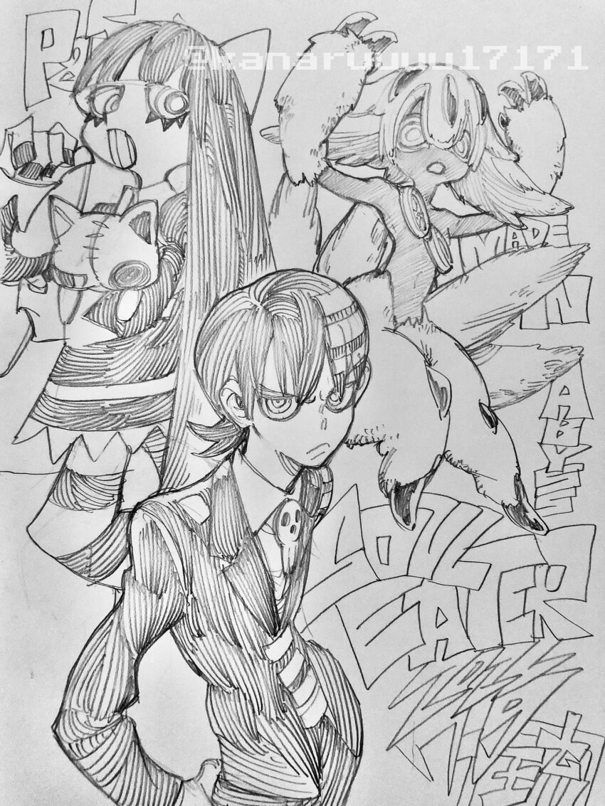 1boy 2girls death_the_kid faputa highres made_in_abyss monochrome multiple_girls panty_&amp;_stocking_with_garterbelt soul_eater stocking_(psg) tagme urana_kei watermark