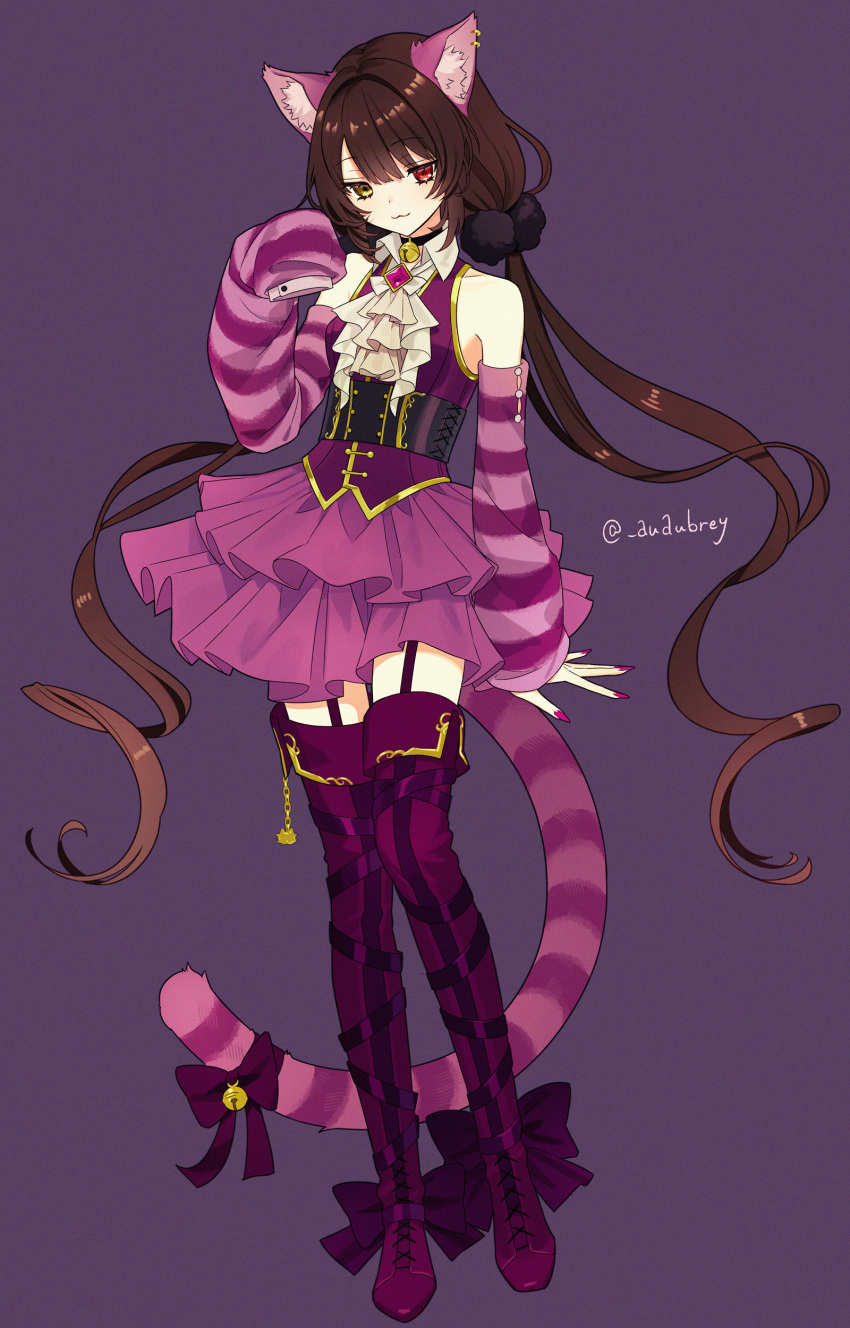 1girl :3 absurdres alternate_animal_ears alternate_costume animal_ear_fluff animal_ear_piercing animal_ears arm_at_side ascot bare_shoulders bell black_choker black_corset boots bow breasts brown_hair cat_ears cat_girl cat_tail cheshire_cat_(alice_in_wonderland) cheshire_cat_(alice_in_wonderland)_(cosplay) choker corset cosplay detached_sleeves footwear_bow full_body garter_straps gem gold_trim hair_ornament heterochromia highres inui_toko knees_together_feet_apart kyarairo layered_skirt long_hair looking_at_viewer low_twintails miniskirt nail_polish neck_bell nijisanji paw_pose pleated_skirt pom_pom_(clothes) pom_pom_hair_ornament purple_background purple_boots purple_bow purple_ears purple_gemstone purple_nails purple_ribbon purple_skirt purple_sleeves purple_tail purple_vest red_eyes ribbon sidelocks simple_background skirt sleeves_past_fingers sleeves_past_wrists small_breasts smile solo standing striped_sleeves striped_tail tail tail_bell tail_bow tail_ornament thigh_boots twintails twitter_username very_long_hair vest virtual_youtuber yellow_eyes