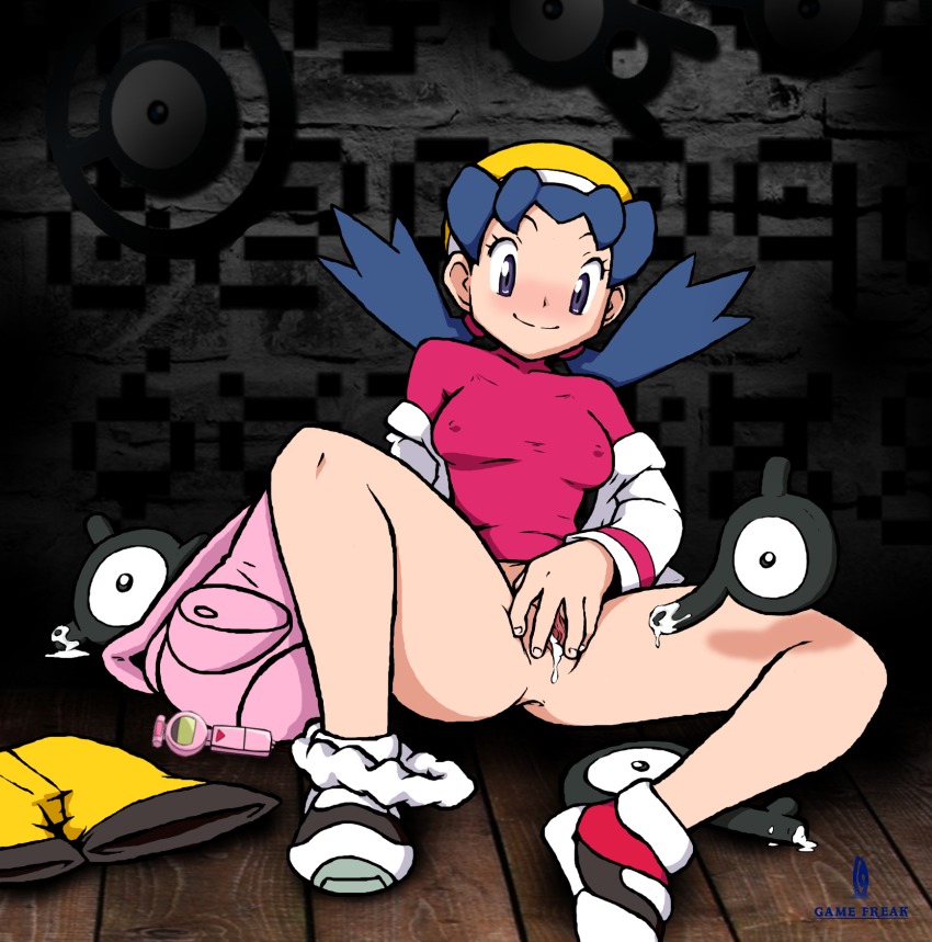 1girl anus blue_hair blush bottomless cum cum_in_pussy gen_2_pokemon highres kris_(pokemon) nintendo pokemon pokemon_(creature) pokemon_gsc purple_eyes pussy pussy_juice thecrazypartyco twintails uncensored unown unown_a unown_o unown_p unown_q unown_x