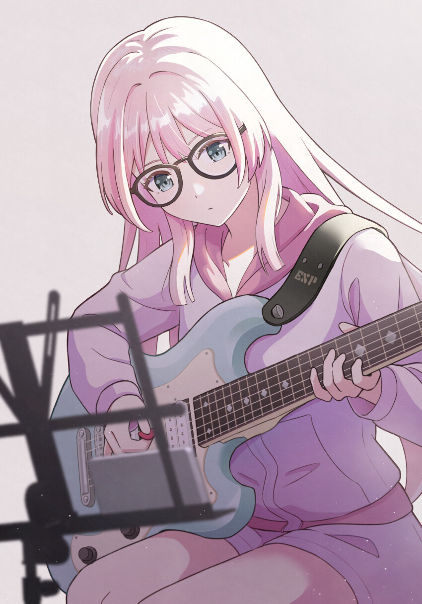 1girl bang_dream! bang_dream!_it&#039;s_mygo!!!!! cellphone chihaya_anon closed_mouth commentary_request detached_sleeves glasses grey_eyes guitar_strap highres holding holding_plectrum instrument jacket light_particles long_hair music music_stand novi_visual phone pink_hair pink_jacket pink_shorts playing_guitar playing_instrument plectrum short_sleeves shorts simple_background smartphone solo white_background