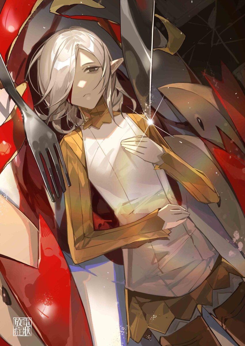 1boy absurdres apple_peel apple_rabbit artist_name black_eyes blood blood_on_face boots brown_boots chinese_commentary commentary_request cowboy_shot dark_skin dungeon_meshi elf empty_eyes expressionless food food_art fork from_above glint gorget hair_over_one_eye hand_on_own_chest hand_on_own_stomach highres knife long_sleeves lying male_focus mini_person miniboy mithrun no_pupils on_back on_plate one_eye_covered penzai_fengli plate pointy_ears shirt short_hair solo swept_bangs thigh_boots white_hair white_shirt