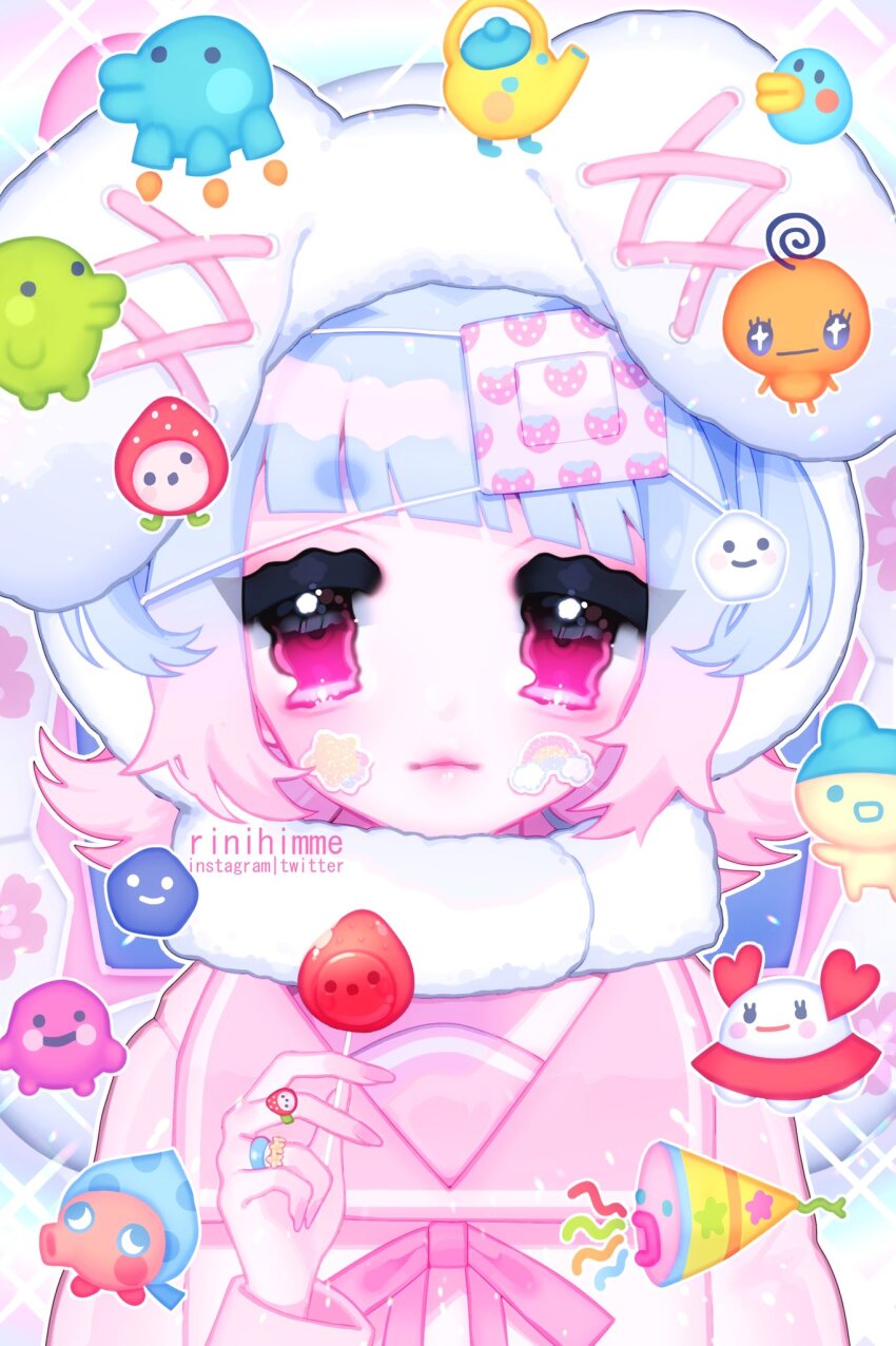 1girl animal_ears animal_hat blue_hair bow candy character_request commentary eyepatch fake_animal_ears food food_print fruit_print gradient_hair hashitamatchi hat highres holding holding_candy holding_food holding_lollipop ichigotchi jewelry kuchipatchi lollipop long_sleeves looking_at_viewer mametchi memetchi multicolored_hair original pastel_colors pink_hair pink_nails pink_serafuku rabbit_ears ribbon ring rinihimme sailor_collar school_uniform serafuku solo sparkle sticker_on_face strawberry_print symbol-only_commentary tamagotchi tamagotchi_(classic) tamagotchi_(creature) ufotchi unworn_eyepatch upper_body white_hat yakantchi yume_kawaii
