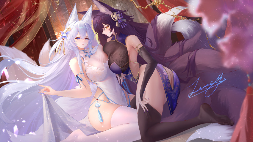 2girls absurdly_long_hair alternate_costume ass azur_lane bare_shoulders black_bridal_gauntlets black_thighhighs blue_nails blue_ribbon breast_press breasts bridal_gauntlets butt_crack butterfly_hair_ornament china_dress chinese_clothes cleavage commentary_request dress elbow_gloves facial_mark gloves gold_trim hair_between_eyes hair_ornament highres kitsune kneeling kyuubi large_breasts large_tail long_hair multiple_girls multiple_tails musashi_(azur_lane) nail_polish pelvic_curtain purple_dress purple_hair purple_nails ribbon see-through_cleavage see-through_clothes shinano_(azur_lane) signature sleeveless sleeveless_dress symmetrical_docking tail thighhighs very_long_hair whisker_markings white_dress white_hair white_thighhighs yellow_eyes zuic
