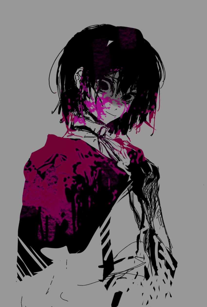 1other androgynous blood blood_on_face capelet catt_(project_moon) chinese_commentary closed_mouth commentary_request grey_background greyscale hair_between_eyes heibaihuabing highres monochrome other_focus project_moon short_hair simple_background sketch smile solo spot_color wonderlab