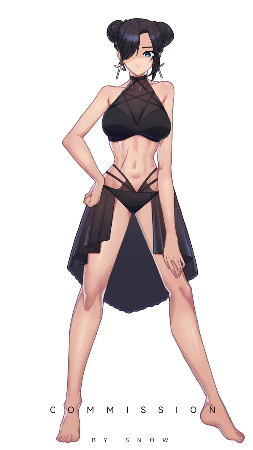1girl aqua_eyes bikini black_bikini black_hair breasts cleavage commentary commission cross cross_earrings double_bun earrings english_commentary frown full_body hair_bun halterneck highres jewelry medium_breasts nael_van_darnus navel original scar scar_on_stomach see-through_cleavage see-through_clothes solo suhyeon swimsuit watermark
