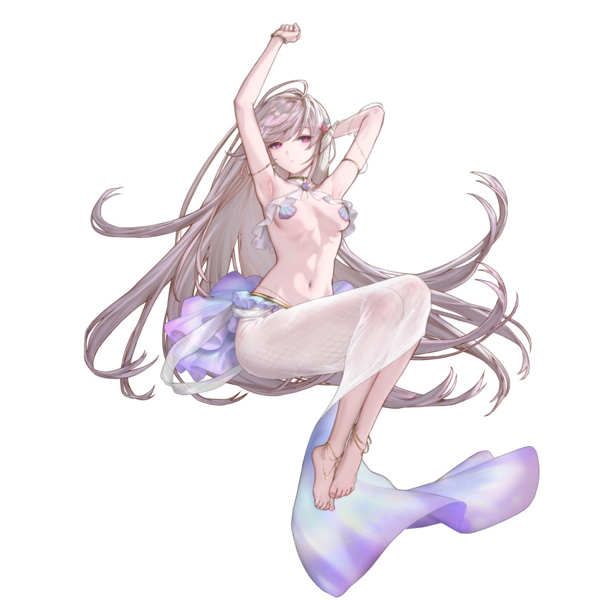 1girl armpits barefoot barnacle bikini bracelet breasts coral dress earrings emily_(last_origin) frilled_bikini_top frills full_body gem gold_anklet gold_armlet gold_bracelet gold_collar highres iridescent jewelry last_origin legs_together linea_alba long_dress long_hair mel_(dodosae) mermaid_costume mermaid_dress multiple_anklets navel non-web_source official_alternate_costume official_art pink_hair purple_eyes purple_gemstone rock scale_print shell shell_bikini shell_hair_ornament simple_background sitting skirt small_breasts solo starfish_hair_ornament stretching swimsuit tachi-e transparent_background two-tone_skirt very_long_hair water white_bikini white_skirt