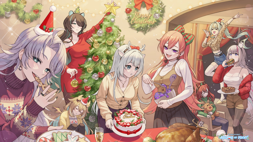 &gt;_&lt; 6+girls absurdres ahoge animal_ears antlers aqua_eyes artist_request black_hair black_hairband black_nails black_skirt blonde_hair blue_hair bow breasts brown_shorts burger cake camisole cardigan christmas_cake christmas_ornaments christmas_sweater christmas_tree christmas_tree_hair_ornament christmas_wreath closed_eyes collarbone colored_inner_hair cookie crescent crescent_earrings cup curtained_hair curtains deer_antlers deer_ears deer_girl dragon_girl dragon_horns dress drinking_glass earrings ember_amane erina_makina fang food fur-trimmed_headwear fur_trim gingerbread_man green_sweater grey_hair grey_pants hair_ornament hair_over_one_eye hairband hakushika_iori hat highres holding holding_burger holding_food holding_plate holding_stuffed_toy horns jacket jewelry kaminari_clara logo long_hair medium_breasts mixing_bowl multicolored_hair multiple_girls open_mouth orange_hair pants pantyhose phase_connect pink_hair plate pleated_skirt pom_pom_(clothes) purple_eyes purple_sweater red_bow red_dress runie_ruse santa_hat saya_sairroxs shisui_michiru_(phase_connect) shorts sitting skirt snake_earrings snowman_hair_ornament star_(symbol) streaked_hair stuffed_animal stuffed_reindeer stuffed_toy sweat sweater tiger_ears tiger_girl turkey_(food) turtleneck turtleneck_sweater utatane_nasa virtual_youtuber white_camisole white_sweater wine_glass wings wreath yellow_cardigan yellow_jacket