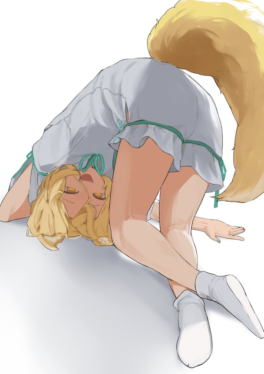 1girl :d animal_ears ass blonde_hair flat_ass fox_ears fox_tail full_body green_ribbon highres kneepits kudamaki_tsukasa looking_at_viewer neck_ribbon no_shoes open_mouth pocche-ex puffy_short_sleeves puffy_sleeves ribbon romper shadow short_hair short_sleeves simple_background smile socks solo tail teeth top-down_bottom-up touhou upper_teeth_only white_background white_romper white_socks yellow_eyes