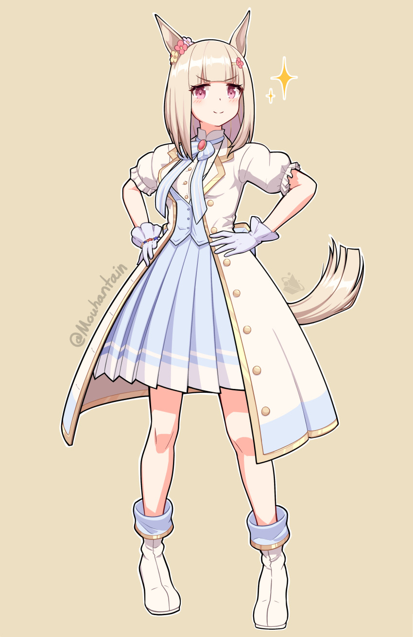 1girl absurdres animal_ears artist_logo artist_name blue_bow blue_dress blush boots bow brown_background closed_mouth coat commentary doyagao dress english_commentary full_body gloves grey_hair hands_on_own_hips happy_meek_(umamusume) highres horse_ears horse_girl horse_tail logo medium_hair mouhantain open_mouth puffy_short_sleeves puffy_sleeves red_eyes short_sleeves simple_background smile smug solo sparkle tail twitter_username umamusume v-shaped_eyebrows white_background white_boots white_gloves