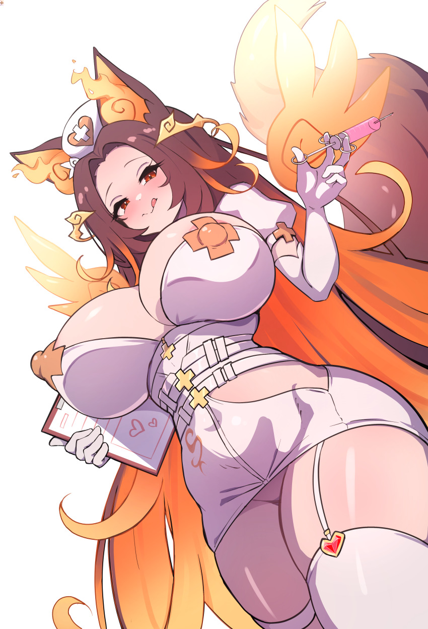 1girl :d absurdres alt_text animal_ears areola_slip bebatch blush breasts brown_hair cleavage clipboard closed_mouth colored_inner_hair covered_erect_nipples covered_navel cowboy_shot cross cross_pasties detached_wings dutch_angle elbow_gloves eyelashes fiery_ears fiery_tail forehead from_below garter_straps gloves gradient_hair half-closed_eyes hat heart-shaped_ornament highres hip_vent holding holding_clipboard holding_syringe huge_breasts indie_virtual_youtuber long_hair looking_at_viewer microskirt multicolored_hair no_panties nurse nurse_cap open_mouth orange_fire orange_hair parted_bangs pasties puffy_sleeves red_eyes shiny_skin shirt short_sleeves sidelocks simple_background sinder_(vtuber) single_thighhigh skirt smile solo streaked_hair subscribestar_username syringe tail thick_thighs thigh_strap thighhighs thighs tongue tongue_out two-tone_hair very_long_hair virtual_youtuber white_background white_gloves white_shirt white_thighhighs wings wolf_ears wolf_girl wolf_tail