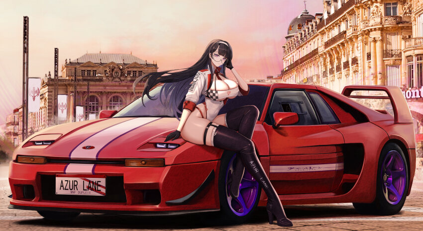 1girl absurdres azur_lane black_hair boots breasts car character_name cleavage copyright_name dupleix_(azur_lane) dupleix_(final_check)_(azur_lane) france gloves high_heel_boots high_heels highres kcar66t leotard license_plate long_hair looking_at_viewer montpellier motor_vehicle on_car opera_comedie place_de_la_comedie product_placement race_queen real_world_location sitting_on_car sports_car thigh_boots vehicle_focus venturi venturi_400_gt vichya_dominion_(emblem)