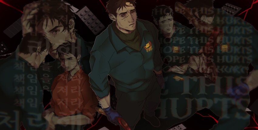 1boy :/ absurdres afraid_of_monsters arm_hair axe blue_gloves blue_shirt brown_eyes character_request collared_shirt crying crying_with_eyes_open david_leatherhoff drugs english_text fire_axe from_above gloves highres holding holding_axe ju-san looking_at_another male_focus mouthwashing multiple_views orange_shirt pill pony_express_uniform punching scar scar_on_face shirt sleeves_rolled_up tears turtleneck upper_body