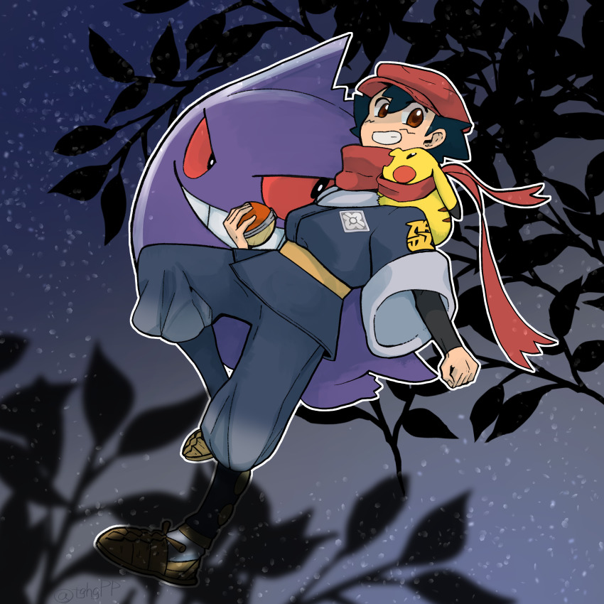 1boy absurdres ash_ketchum beret black_hair black_legwear clenched_hand cosplay costume_request dutch_angle floating_scarf gen_1_pokemon gengar grin hat highres holding holding_poke_ball japanese_clothes night night_sky nintendo on_shoulder open_mouth outdoors outstretched_arm pikachu poke_ball pokemon pokemon_(anime) pokemon_(creature) pokemon_journeys pokemon_legends:_arceus pokemon_on_shoulder red_headwear red_scarf rei_(pokemon) rei_(pokemon)_(cosplay) sandals scarf short_hair sky smile socks spiked_hair teeth traditional_clothes