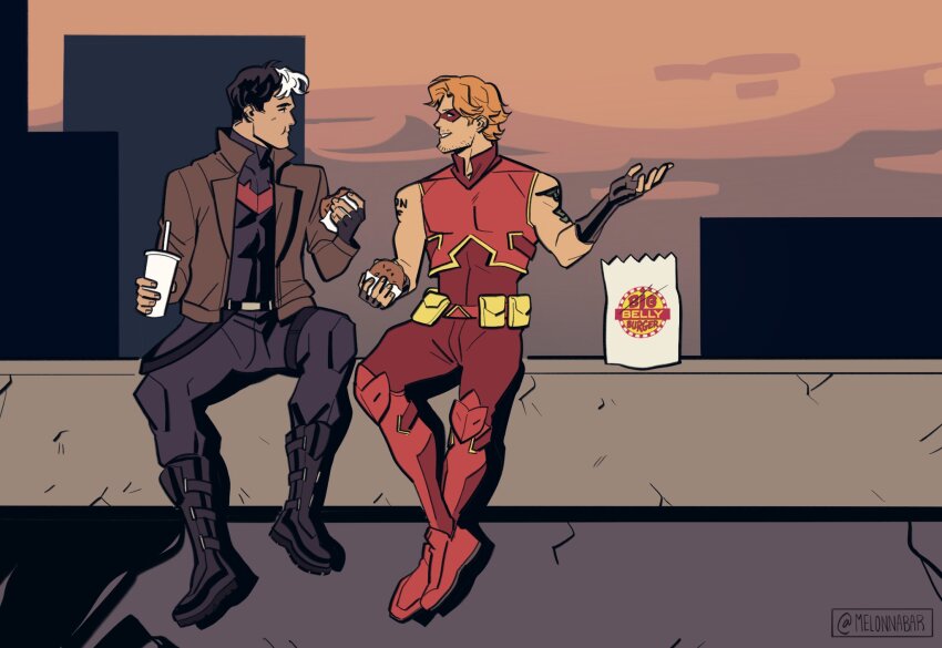 2boys arsenal_(dc) artist_name bat_signal batman_(series) batman_symbol belt black_bodysuit black_gloves black_hair blue_eyes bodysuit boots brown_jacket burger cup dc_comics disposable_cup domino_mask eating fast_food food food_wrapper full_body gloves grey_bodysuit highres holding holding_burger holding_food jacket jason_todd male_focus mask melonnabar multicolored_hair multiple_boys muscular muscular_male open_clothes orange_hair pants red_bodysuit red_hood_(dc) red_hood_and_the_outlaws red_mask roy_harper shirt short_hair superhero_costume taut_bodysuit two-tone_bodysuit two-tone_hair utility_belt white_hair