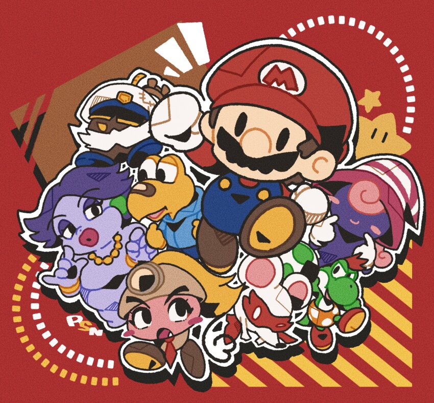 4boys 4girls ;) admiral_bobbery artist_name eyelashes facial_hair fang flurrie goombella hair_over_eyes helmet highres koops luma_(mario) mario mario_(series) mini-yoshi ms._mowz multiple_boys multiple_girls mustache nintendo one_eye_closed paper_mario paper_mario:_the_thousand-year_door paper_mario_(character) rushin signature smile two-tone_headwear vivian_(paper_mario)