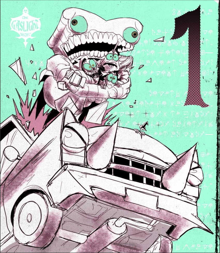 1girl 3boys bread breadhead car car_crash cleaver colored_sclera commentary copyright_name english_commentary english_text extra_teeth fake_text food fulltimeseagull glitch_productions gloves green_background green_sclera hat highres holding hug hug_from_behind ken_the_butcher logo melancholy_hill monster_boy monster_girl motor_vehicle mud_(the_gaslight_district) multiple_boys numbered open_mouth promotional_art rotling_(the_gaslight_district) spikes split_head text_background the_gaslight_district torn_skin undead wheel