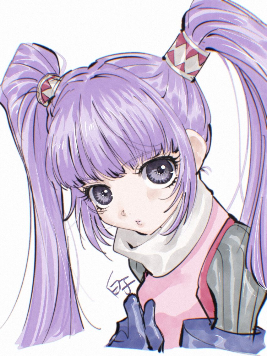 1girl blue_gloves gloves hand_on_own_chest head_tilt highres long_hair looking_at_viewer purple_eyes purple_hair shirako_(kirupi) simple_background solo sophie_(tales) tales_of_(series) tales_of_graces turtleneck twintails white_background