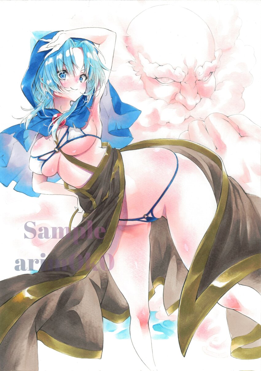 1boy 1girl absurdres arim0k0 artist_name bikini blue_eyes blue_hair breasts cleavage closed_mouth commentary corrupted_twitter_file curvy facial_hair feet_out_of_frame highres hood kesa kumoi_ichirin large_breasts looking_at_viewer marker_(medium) medium_hair mustache parted_bangs sample_watermark smile swimsuit touhou traditional_media unzan watermark white_bikini