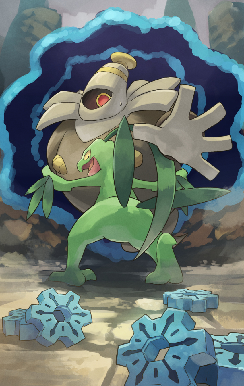 2boys black_eyes colored_sclera colored_skin commentary dusknoir gears gen_3_pokemon gen_4_pokemon green_skin grovyle highres holding looking_back multiple_boys nintendo no_humans one-eyed open_mouth pokemon pokemon_(creature) pokemon_mystery_dungeon pokemon_mystery_dungeon:_explorers_of_time/darkness/sky portal_(object) reaching red_eyes sweatdrop yamaori_(hakkentai_pokedan) yellow_sclera