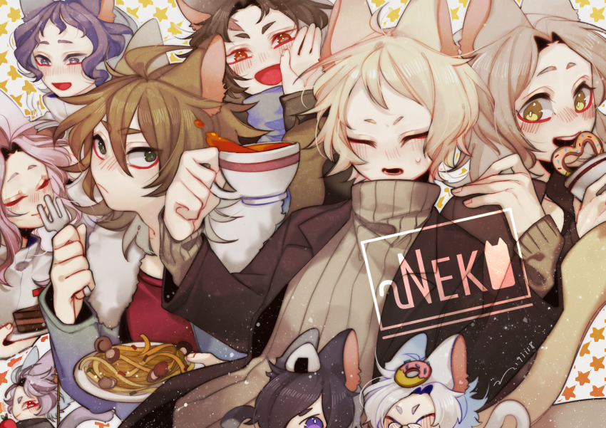 6+boys :d aiba_ibuki animal_ears atou_haruki black_hair black_jacket blonde_hair blue_jacket bright_pupils brown_hair brown_sweater cat_boy cat_ears cat_tail chinese_commentary closed_eyes closed_mouth commentary_request cup donut food food_on_head fork fur-trimmed_jacket fur_trim glasses green_eyes harada_minoru hatsutori_hajime highres holding holding_cup holding_fork holding_plate isoi_reiji jacket kanou_aogu kemonomimi_mode light_brown_hair long_sleeves male_focus medium_hair multiple_boys object_on_head onigiri open_clothes open_jacket open_mouth parted_bangs pasta pink_hair plate purple_eyes purple_hair red_eyes red_shirt romaji_text saibou_shinkyoku sanpaku shinano_eiji shirt short_hair smile spaghetti star_(symbol) star_symbol_background sweat sweater tail teacup theodore_riddle turtleneck turtleneck_sweater utsugi_noriyuki white_hair white_pupils white_shirt yellow_eyes yokuhaku