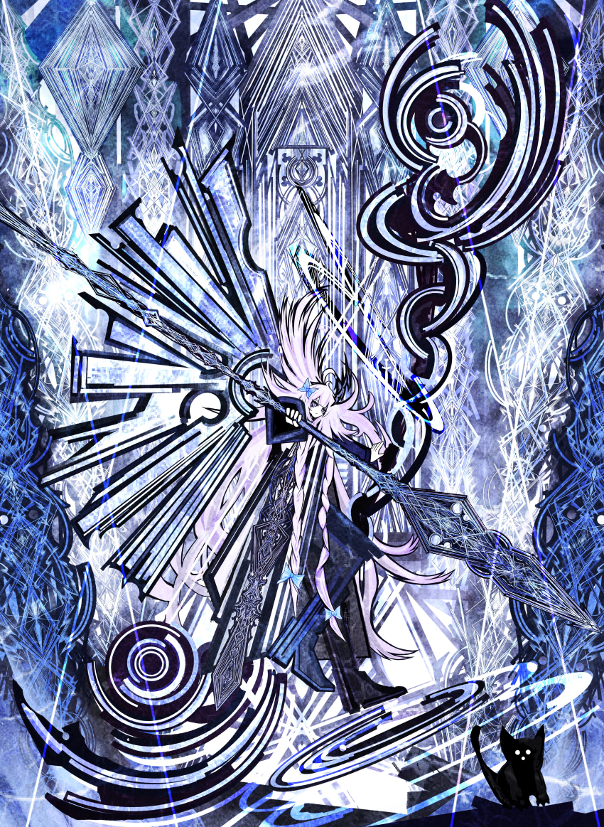 1girl absurdly_long_hair absurdres blue_ribbon cat floating from_side full_body hair_ornament highres holding holding_weapon huge_weapon long_hair looking_at_viewer original pink_hair ribbon riz_kira solo very_long_hair weapon