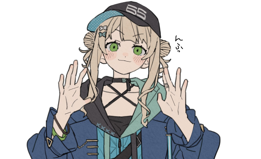 1girl bad_id bad_pixiv_id black_hat blonde_hair blue_jacket collarbone dayama double_bun flat_color green_eyes hair_bun hat jacket kaburaki_roco kaburaki_roco_(1st_costume) looking_at_viewer nijisanji open_clothes open_jacket simple_background smile solo upper_body virtual_youtuber white_background