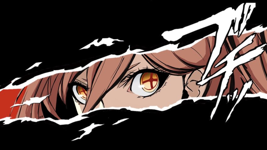 1girl chainsaw_man close-up cross-shaped_pupils eiji_nochi eye_focus hair_between_eyes highres long_hair looking_at_viewer parody persona persona_5 persona_eyes pink_hair power_(chainsaw_man) red_background simple_background solo style_parody symbol-shaped_pupils title_parody yellow_eyes
