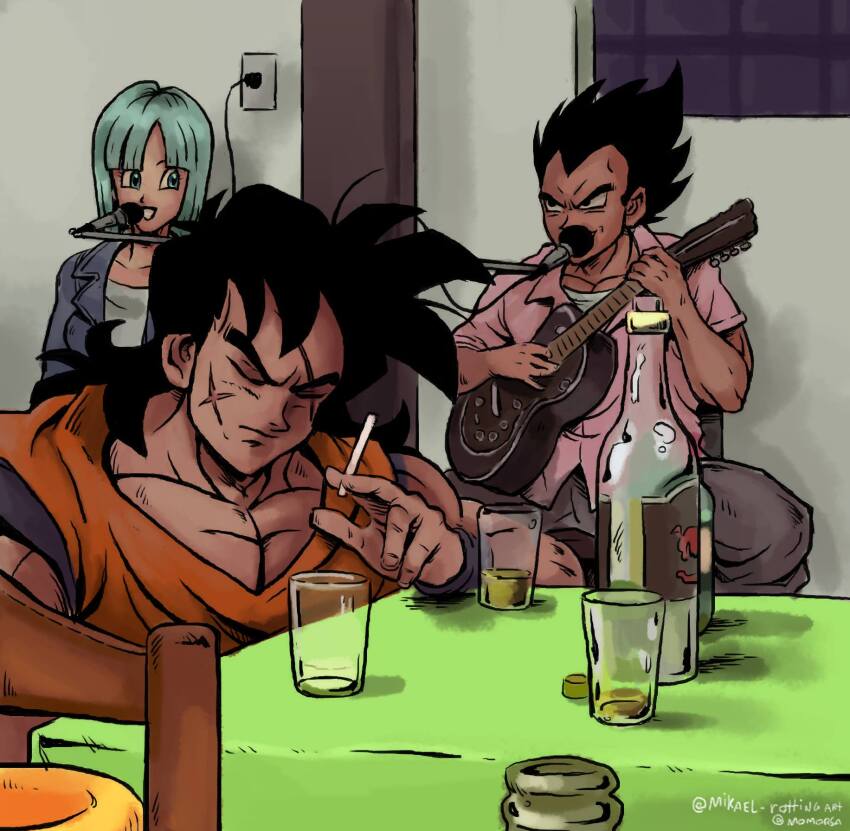 1girl black_eyes black_hair bulma dougi dragon_ball dragonball_z drink highres momorsa multiple_boys muscular muscular_male open_mouth scar scar_on_face short_hair smile smoking spiked_hair vegeta wristband yamcha