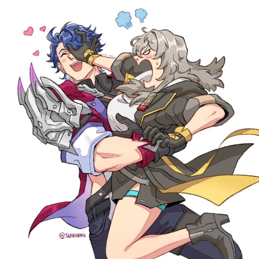 1boy 1girl angry black_gloves blush carrying closed_eyes closed_mouth couple cowboy_shot gloves grey_hair hair_over_one_eye hand_on_another&#039;s_face heart hetero honkai:_star_rail honkai_(series) hug jacket long_hair open_mouth purple_hair pushing_away sampo_koski shirt simple_background smile stelle_(honkai:_star_rail) sunnbnn sweat trailblazer_(honkai:_star_rail) white_background white_shirt