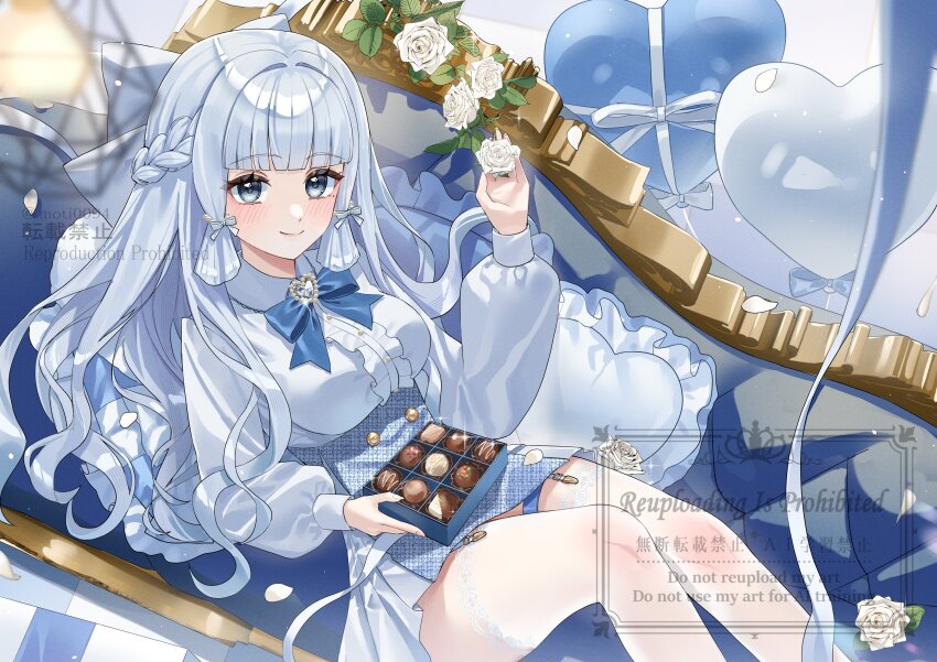 1girl absurdres alternate_costume ayaka_(genshin_impact) balloon blue_bow blue_bowtie blue_dress blue_eyes blue_gemstone blue_hair blunt_bangs blush bow bowtie box box_of_chocolates breasts closed_mouth commentary couch dress fingernails flower garter_straps gem genshin_impact hand_up heart heart-shaped_pillow heart_balloon highres holding holding_box lace lace-trimmed_thighhighs lace_trim long_hair long_sleeves looking_at_viewer medium_breasts pillow see-through_clothes see-through_thighhighs sidelocks sitting smile solo thighhighs tsukimori_mochi very_long_hair white_flower