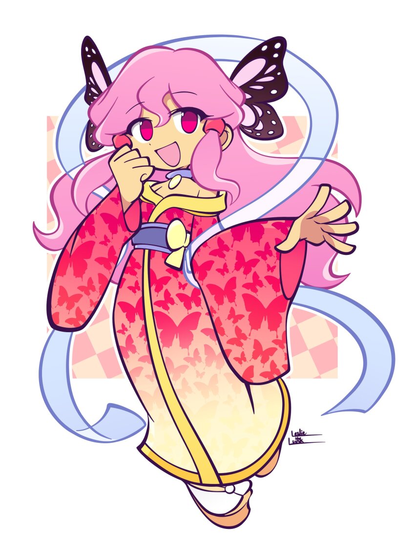 1girl :d absurdres animal_print bare_shoulders brown_sandals butterfly_hair_ornament butterfly_print checkered_background choker clenched_hand commission deformed double-parted_bangs full_body furisode gradient_clothes gradient_kimono hagoromo hair_ornament hand_on_own_cheek hand_on_own_face hands_up highres japanese_clothes kimono leslietheluna long_hair long_sleeves okobo open_hand open_mouth original outline parody pink_eyes pink_hair pink_kimono platform_sandals purple_choker purple_sash puyopuyo recurring_image sandals sash shawl sidelocks signature smile socks solo standing standing_on_one_leg style_parody two-tone_kimono very_long_hair wavy_hair white_background white_outline white_socks wide_sleeves yellow_kimono
