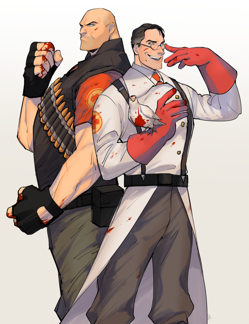 2boys adjusting_eyewear animal_on_arm archimedes_(tf2) back-to-back bald bandolier belt bird bird_on_arm black_belt black_gloves black_hair black_vest blood blood_on_clothes blood_on_face blood_on_hands blue_eyes brown_pants closed_mouth coat fingerless_gloves glasses gloves greying_hair heavy_(tf2) highres long_sleeves looking_at_another ma2_ereki male_focus medic_(tf2) multiple_boys muscular muscular_male open_mouth pants pigeon red_gloves red_heavy_(tf2) red_medic_(tf2) round_eyewear short_sleeves simple_background smile suspenders team_fortress_2 vest white_background white_coat