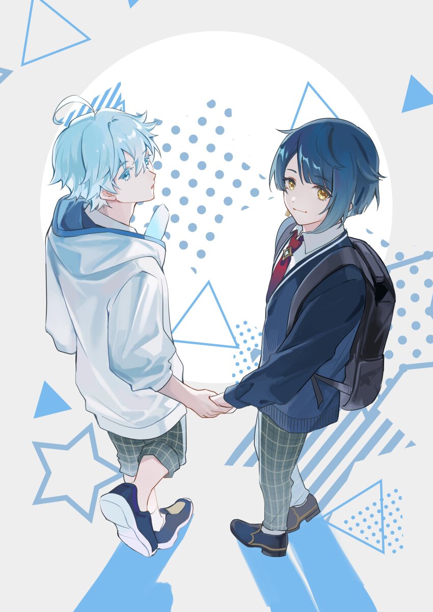 2boys absurdres alternate_costume backpack bag black_jacket black_shoes blue_eyes blue_hair chongyun_(genshin_impact) chongyun_(gigo)_(genshin_impact) closed_mouth earrings food genshin_impact green_pants highres holding holding_food holding_popsicle hood hoodie jacket jewelry long_sleeves male_focus multiple_boys necktie pants popsicle red_necktie saru_youichi shoes short_hair smile sweater_jacket tassel tassel_earrings white_hoodie xingqiu_(genshin_impact) xingqiu_(gigo)_(genshin_impact) yellow_eyes