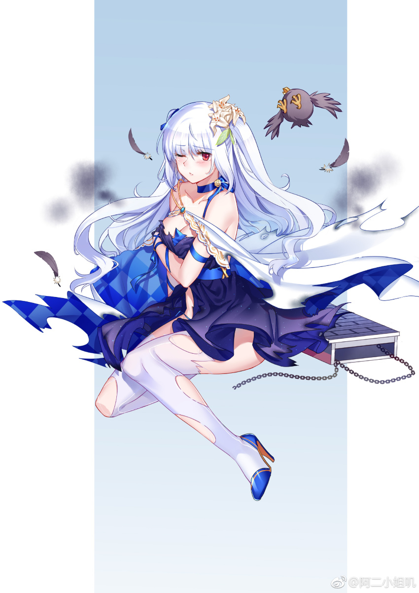 1girl absurdres aer_(tengqiu) bare_shoulders bird blue_choker blue_dress blue_footwear blue_ribbon blush book breasts chain choker cleavage closed_mouth collarbone dress essex_(warship_girls_r) feathers flower full_body hair_flower hair_ornament high_heels highres jewelry long_hair looking_at_viewer medium_breasts navel one_eye_closed red_eyes ribbon sitting solo thighhighs torn_clothes torn_dress torn_thighhighs two_side_up warship_girls_r watermark weibo_watermark white_hair white_thighhighs