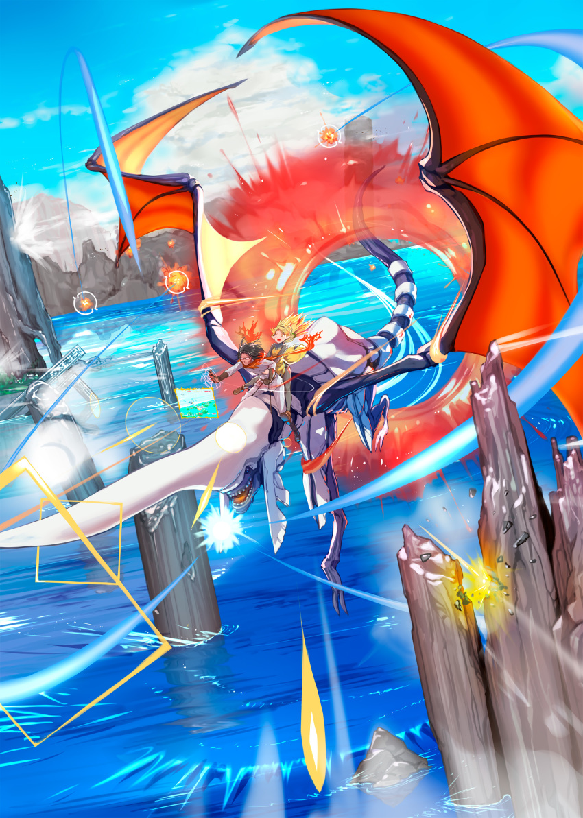 absurdres black_footwear black_gloves black_hair black_pantyhose blonde_hair blue_dragon_(panzer_dragoon) blue_sky brown_footwear closed_mouth cloud commentary_request dragon dress elf full_body glasses gloves grey_pants grey_shirt highres isekai_ojisan long_hair long_sleeves looking_ahead looking_away magic magic_circle medium_hair mikazuki_akira! mountain open_mouth orange_dress outdoors pants pantyhose panzer_dragoon pointy_ears red_scarf scarf shibazaki_yousuke shirt shoes sky smile sui_(isekai_ojisan) water yellow_eyes