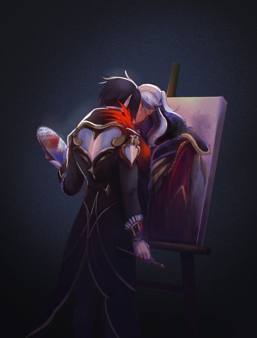 2boys alternate_costume andi_doodle_stash black_hair black_shirt collared_shirt facing_another gradient_background grey_hair heart highres holding holding_paint_palette holding_paintbrush holding_paint_palette implied_kiss jacket league_of_legends long_hair long_sleeves multiple_boys paint_palette paintbrush paint_palette pointy_ears portrait_(object) red_jacket shirt short_hair standing swain_(league_of_legends) vladimir_(league_of_legends) yaoi