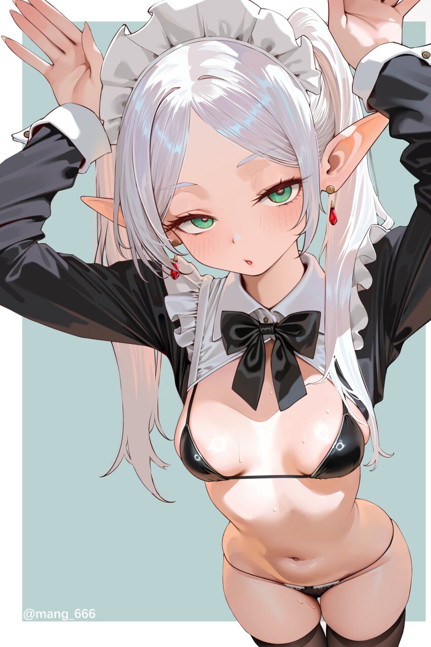 1girl absurdres alternate_costume areola_slip arms_up bikini black_bow black_bowtie black_bra black_panties black_shrug blush bow bowtie bra breasts earrings eyelashes frieren from_above green_background green_eyes hashtag-only_commentary highres long_pointy_ears long_sleeves looking_at_viewer maid maid_bikini maid_headdress mangmao navel panties parted_lips pointy_ears shrug_(clothing) simple_background skindentation sleeve_cuffs small_breasts solo sousou_no_frieren sweat swimsuit teardrop_earrings thighs twitter_username unconventional_maid underwear white_hair wing_collar