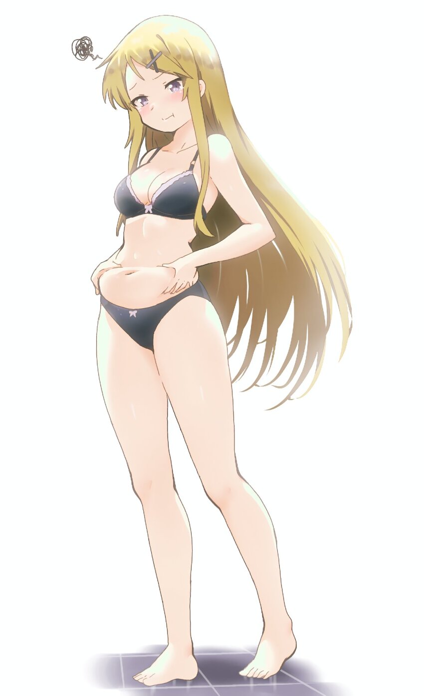 1girl barefoot belly_grab black_bra black_panties blonde_hair blush bow bow_bra bow_panties bra breasts cleavage collarbone full_body hair_ornament hands_on_own_stomach highres hitorilily kin-iro_mosaic kujou_karen legs long_hair looking_down medium_breasts navel panties pout purple_eyes simple_background solo standing stomach tile_floor tiles underwear underwear_only very_long_hair weight_conscious white_background x_hair_ornament