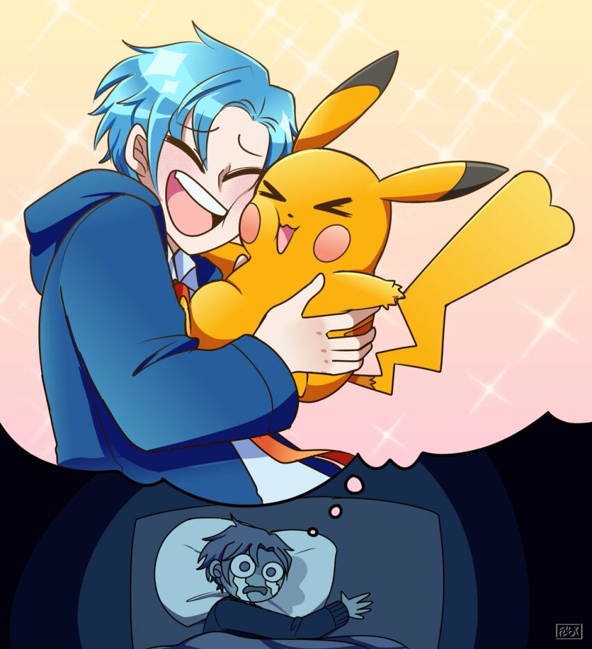 blue_hair closed_eyes crying crying_with_eyes_open fluorart gen_1_pokemon highres holostars holostars_english holotempus hood hoodie hug long_sleeves nintendo open_mouth pikachu pillow pokemon pokemon_(creature) regis_altare short_hair sparkle_background speech_bubble tears thought_bubble virtual_youtuber