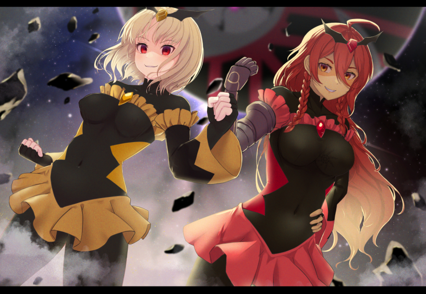 2girls ahoge bad_end_peace bad_end_peace_(cosplay) bad_end_sunny bad_end_sunny_(cosplay) black_bodysuit blonde_hair bodysuit braid breasts clenched_hands cosplay dark-skinned_female dark_skin fingerless_gloves frills gloves grin hand_on_own_hip kokubyaku_no_avesta letterboxed long_hair looking_at_viewer medium_breasts multiple_girls okina_(805197) orange_eyes precure prosthesis prosthetic_arm quinn_(kokubyaku_no_avesta) red_eyes red_hair red_skirt rubble samrukh_(kokubyaku_no_avesta) shaded_face shinza_bansho_series short_hair skirt smile smile_precure! twin_braids wind wind_lift yellow_skirt