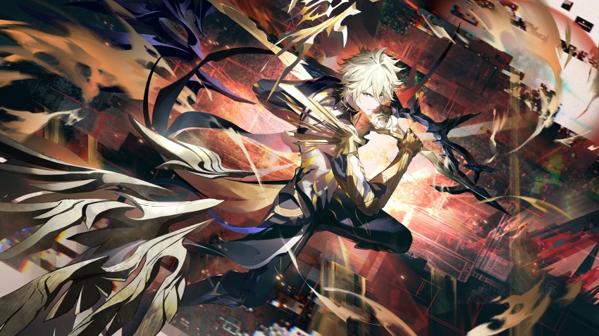 1boy absurdres alternate_form ameinu asymmetrical_wings black_shirt black_wings blonde_hair chinese_commentary commentary_request cracked_skin fighting_stance hair_between_eyes halo halo_behind_head highres holding holding_sword holding_weapon honkai:_star_rail honkai_(series) male_focus material_growth phainon_(honkai:_star_rail) phainon_(khaslana)_(honkai:_star_rail) shirt short_hair solo sword torn_clothes torn_shirt weapon wings yellow_blood yellow_eyes yellow_wings