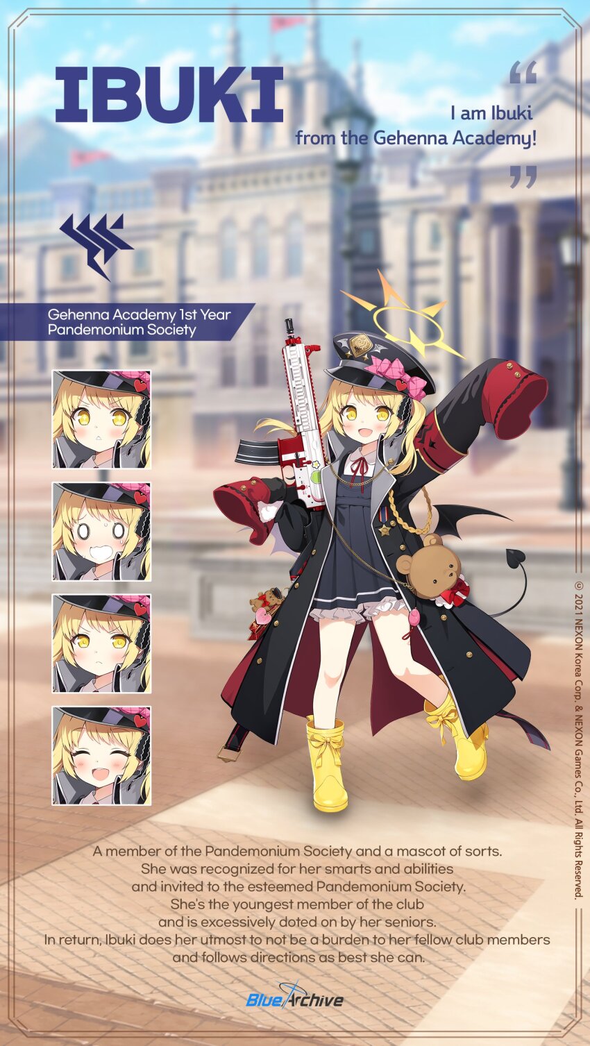 absurdres armband black_coat black_horns black_tail black_wings blue_archive boots byulzzi coat commentary demon_horns demon_tail demon_wings english_commentary english_text gehenna_academy_logo halo hat hat_ornament heart heart_hat_ornament highres horns ibuki_(blue_archive) long_sleeves official_art peaked_cap red_armband sleeves_past_fingers sleeves_past_wrists tail wings yellow_boots yellow_halo