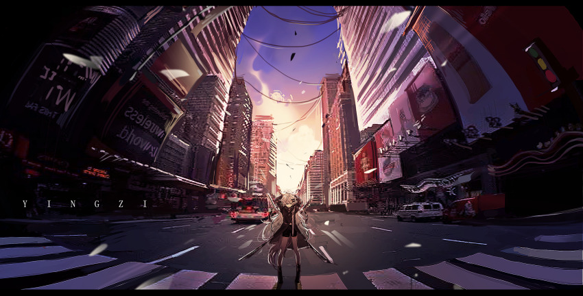 1girl animal_ears arknights arms_behind_head artist_name black_boots black_coat black_eyes black_shorts blue_sky boots bright_pupils car chinese_commentary cityscape closed_mouth cloud coat collared_coat commentary_request crosswalk debris full_body gradient_sky grey_pantyhose high_collar highres lappland_(arknights) letterboxed light_particles long_hair long_sleeves looking_at_viewer messy_hair motor_vehicle one_eye_closed outdoors pantyhose power_lines road scar scar_across_eye scar_on_face short_shorts shorts sky smile solo straight-on street sunset sword traffic_light truck very_long_hair watermark weapon white_hair white_pupils wide_shot wolf_ears yingzi